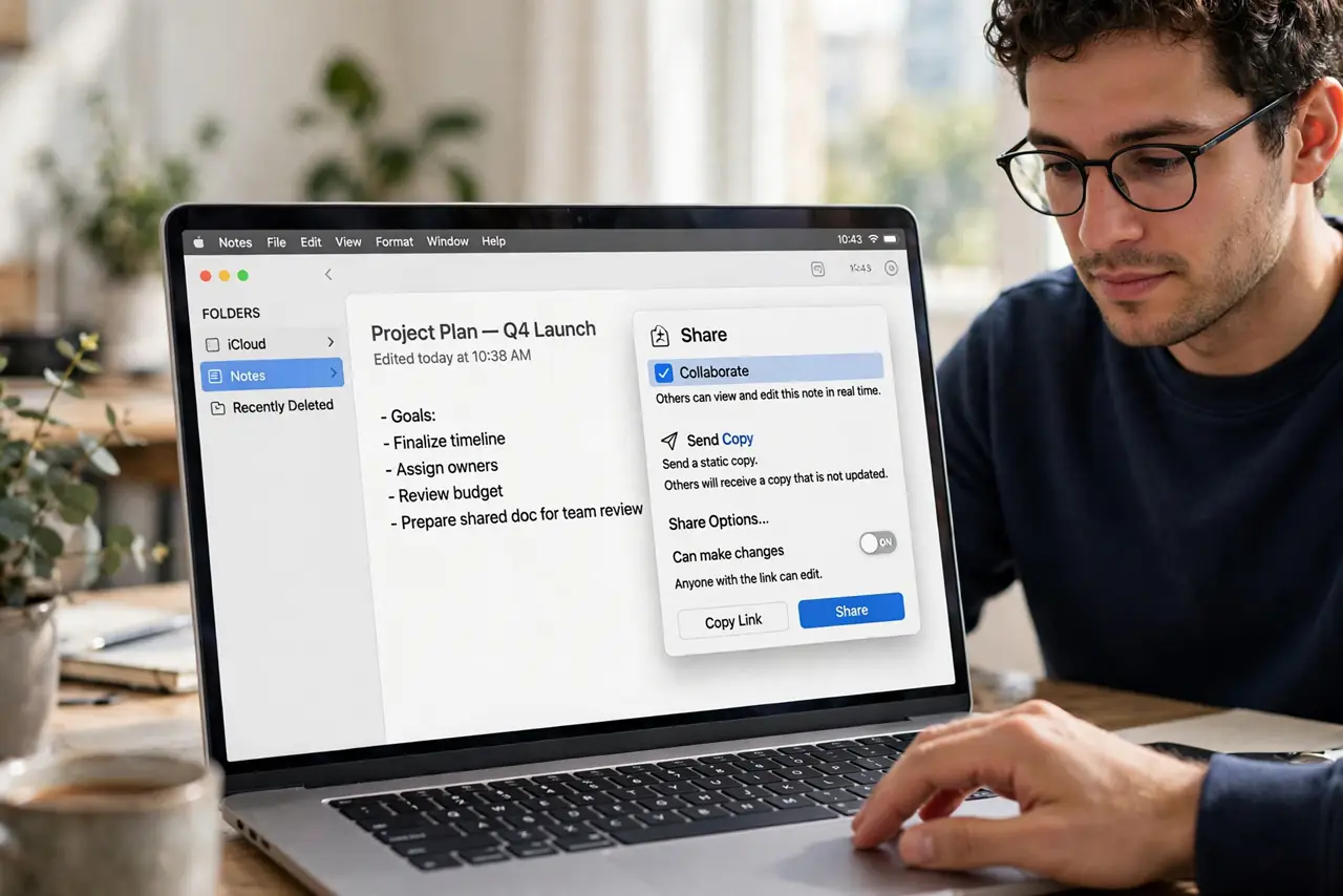 A person performing the first step of the guide: Open the note and tap Share. In Notes on Mac, open the note and click the share icon (person with +). Choose.