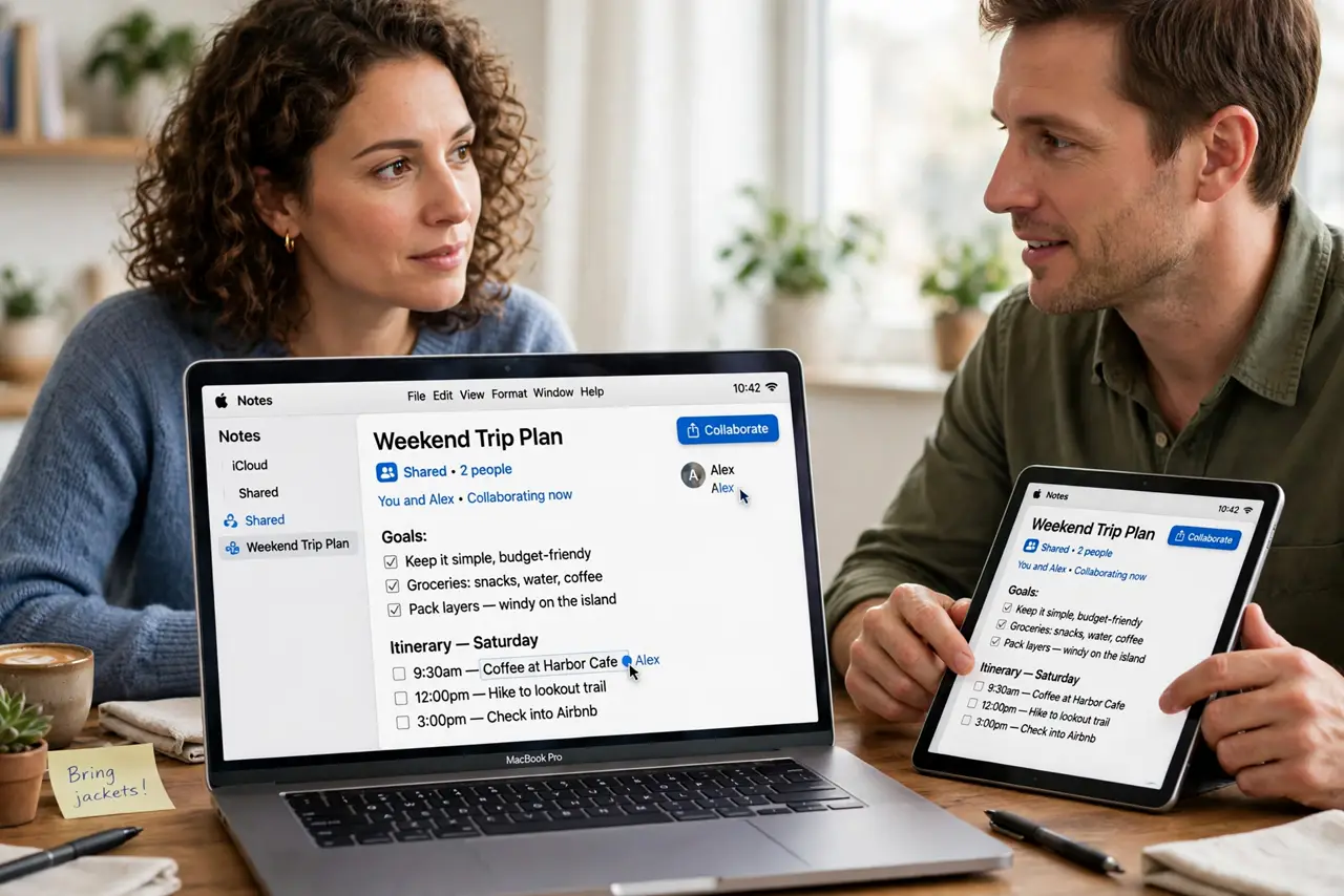 A person sharing a real Mac screen showing the Notes app with a shared note and visible collaborator cursors, another person's hands on a second.