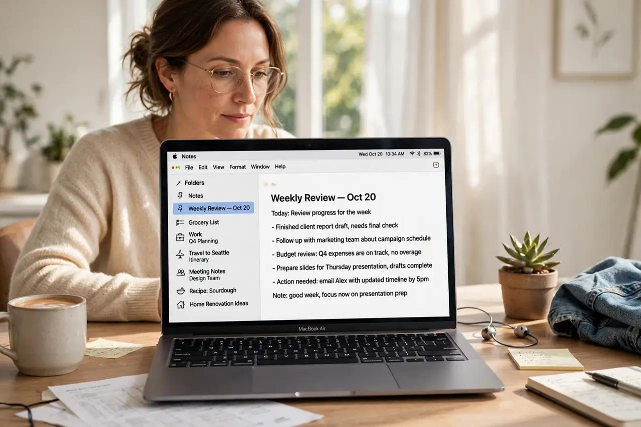 a focused adult at a desk with a real Mac laptop open, Notes app visible on the real screen with a note list complete and legible, the person reading a note calmly.