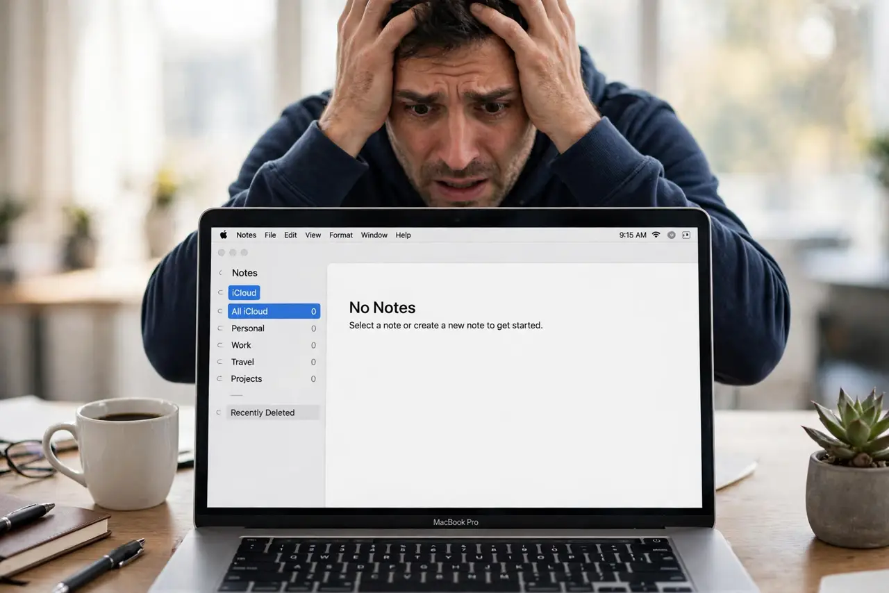 Notes Disappeared After a macOS Update — a panicked adult staring at an empty Notes app on a MacBook with fully legible folder text, the person with ha