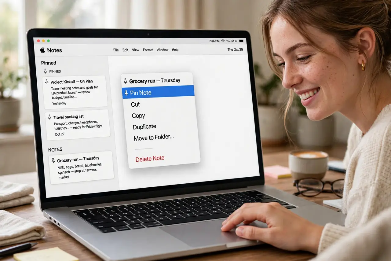 A person right-clicking a note in Apple Notes on a real MacBook, the Pin Note option in the menu fully legible, pinned notes visible at the top of the list, the person's face satisfied.