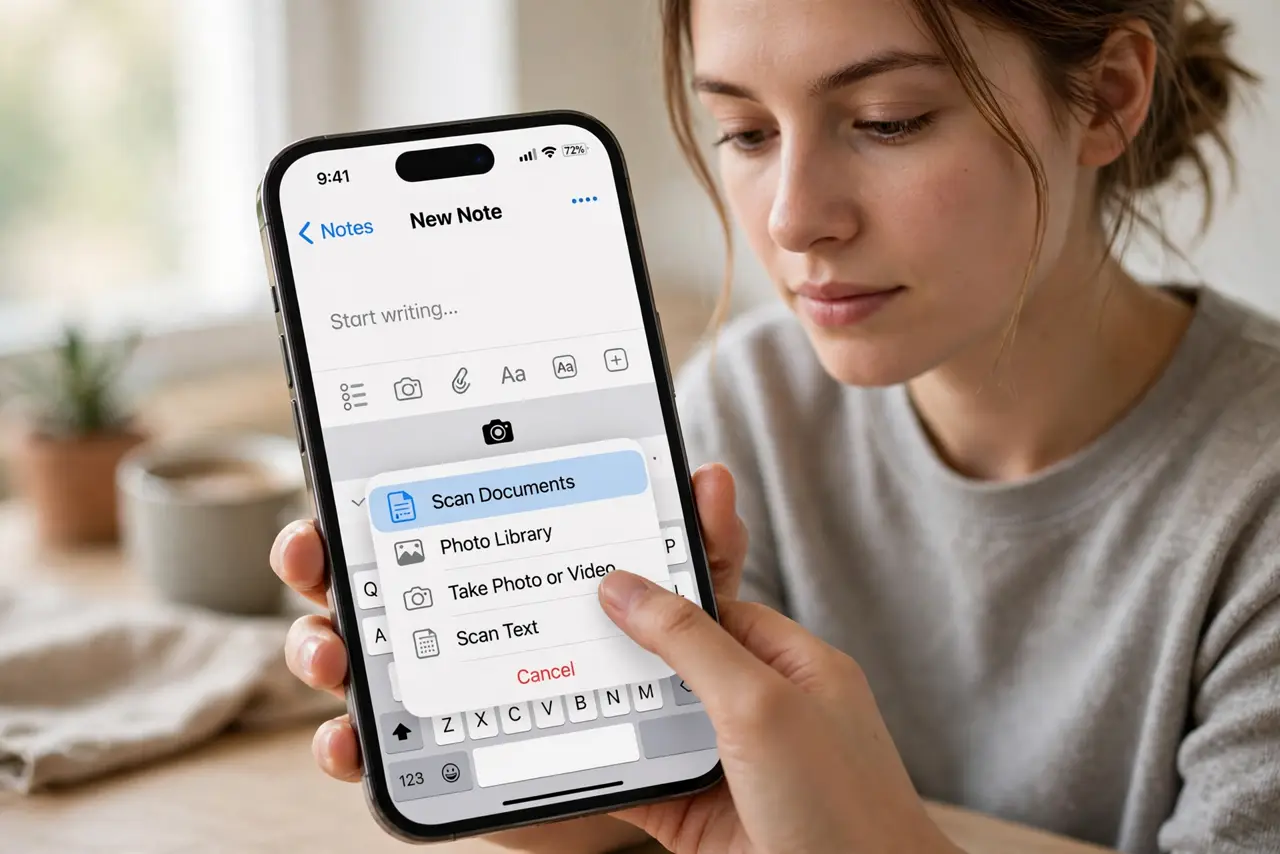 A person performing step 1: Start a new note on the iPhone.