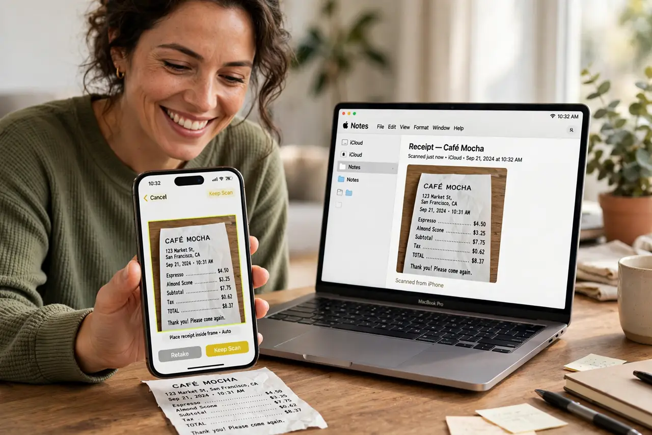 A person scanning a paper receipt with a real iPhone, the Notes scan view with yellow edge detection fully legible, a real MacBook on the desk showing the scanned note synced, the person's face pleased.