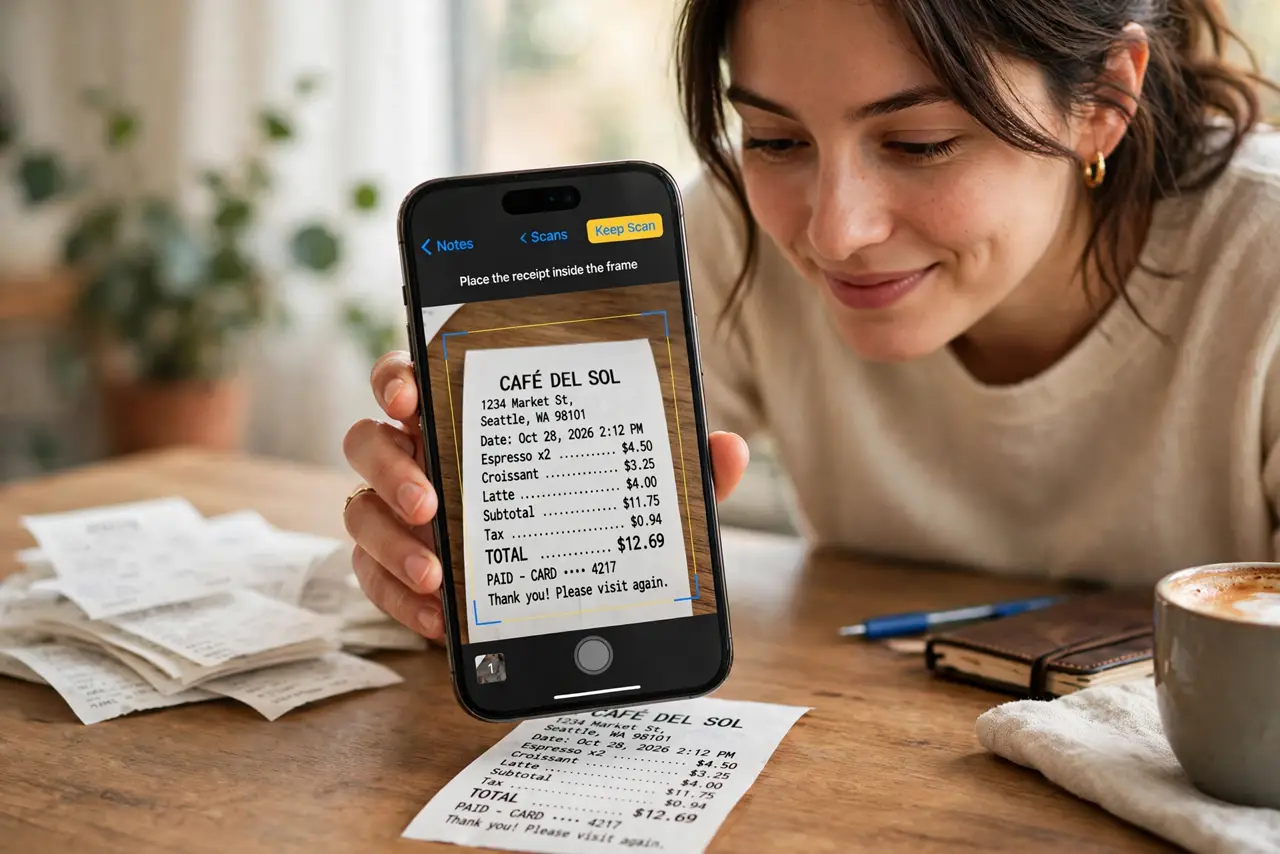 a person scanning a real paper receipt with an iPhone over a desk, the Notes app showing the captured scan legibly, paper pile shrinking behind, the person's face satisfied.