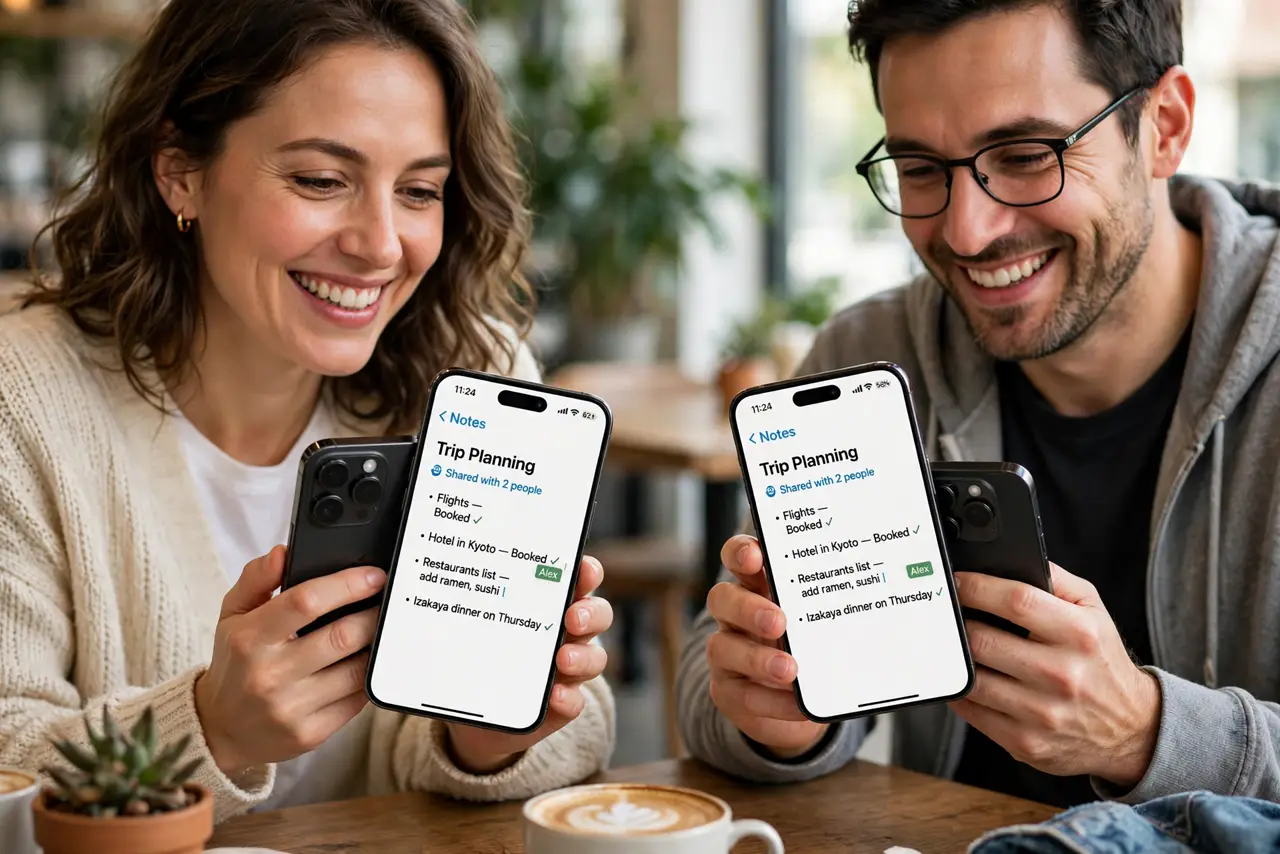 Two people at a table each with a real iPhone editing the same shared note, the note with both cursors visible fully legible, both faces engaged and smiling.