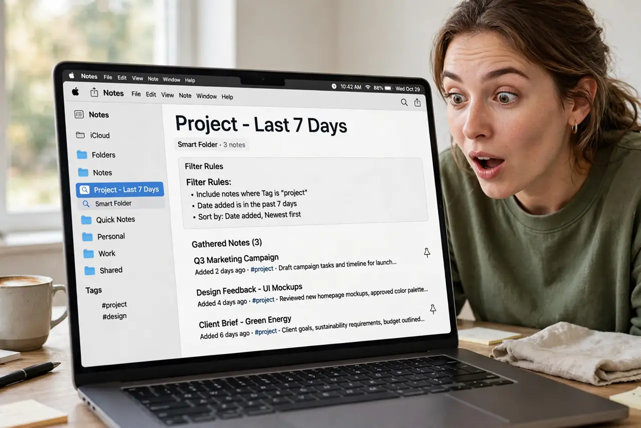 A person viewing a Smart Folder in Apple Notes on a real MacBook, the filter rules and gathered notes fully legible, the person's face impressed.