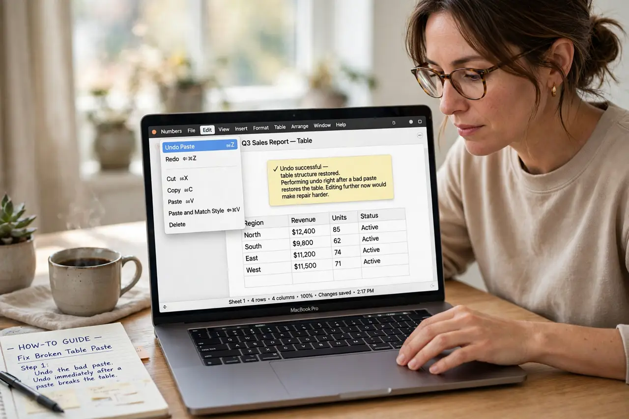 A Notes Table Breaks When You Paste Into It — step 1 being performed on the device.