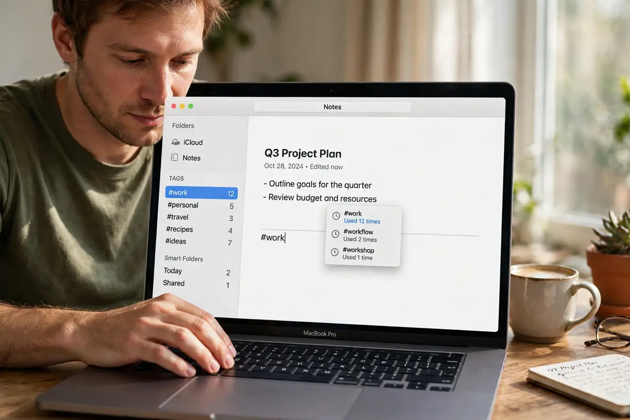 a person typing a hashtag tag in a real Apple Notes app with tag suggestions legible, notes organized by tags in the sidebar, the person's face enlightened, desk.