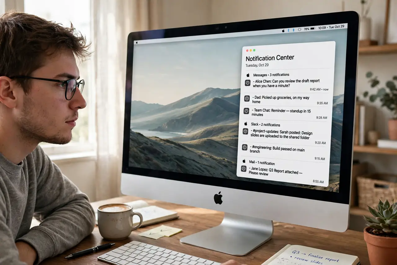 A person using a real Mac, the screen showing Notification Center with grouped notification stacks fully legible, the person's face focused, home office.