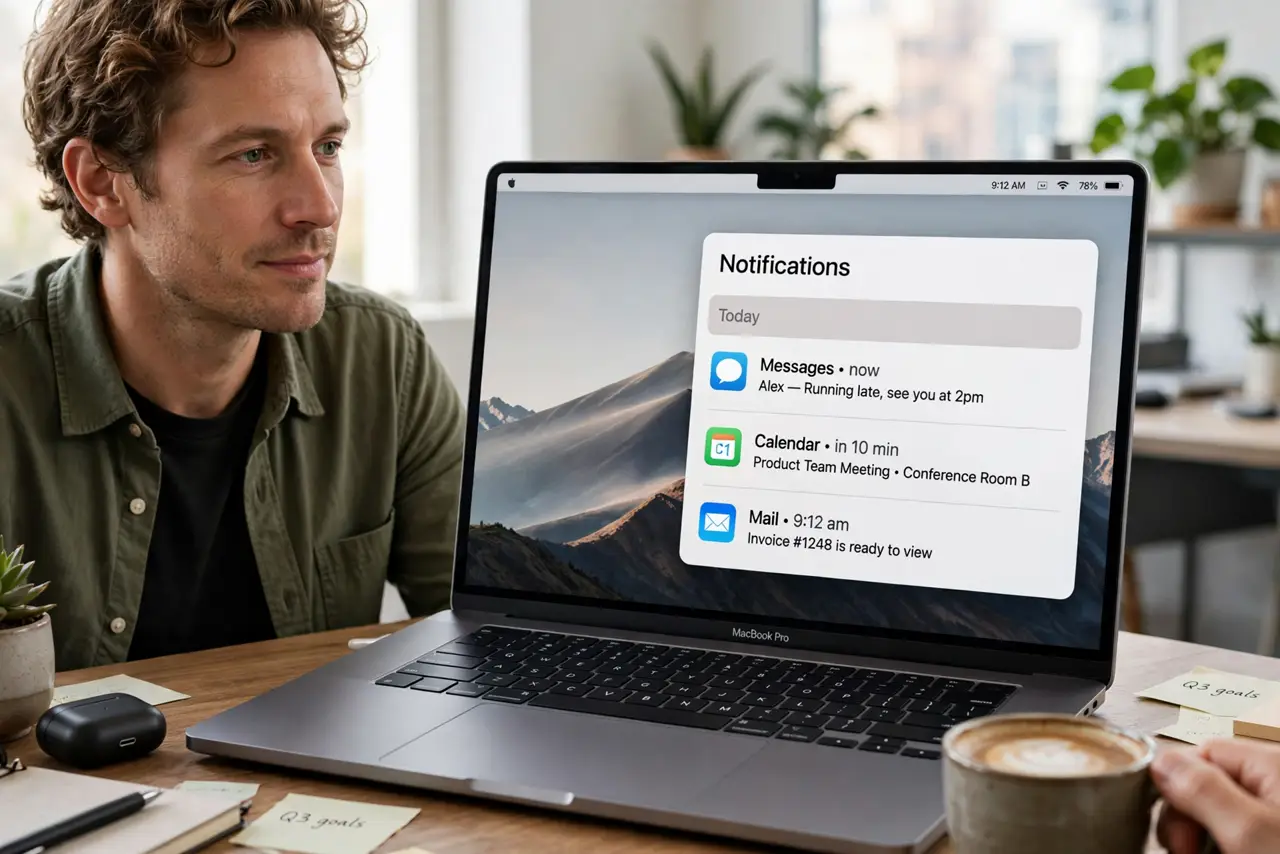 a person glancing at a real Mac showing summarized notifications with legible short summary text in Notification Center, coffee in hand, the person's face calm and in control.