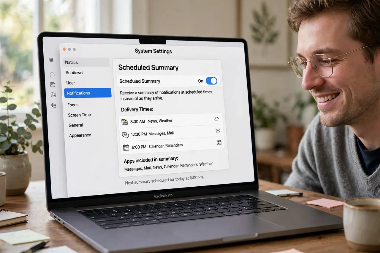 A person using a real Mac, the screen showing the Scheduled Summary settings with delivery times fully legible, the person's face relieved, home office.