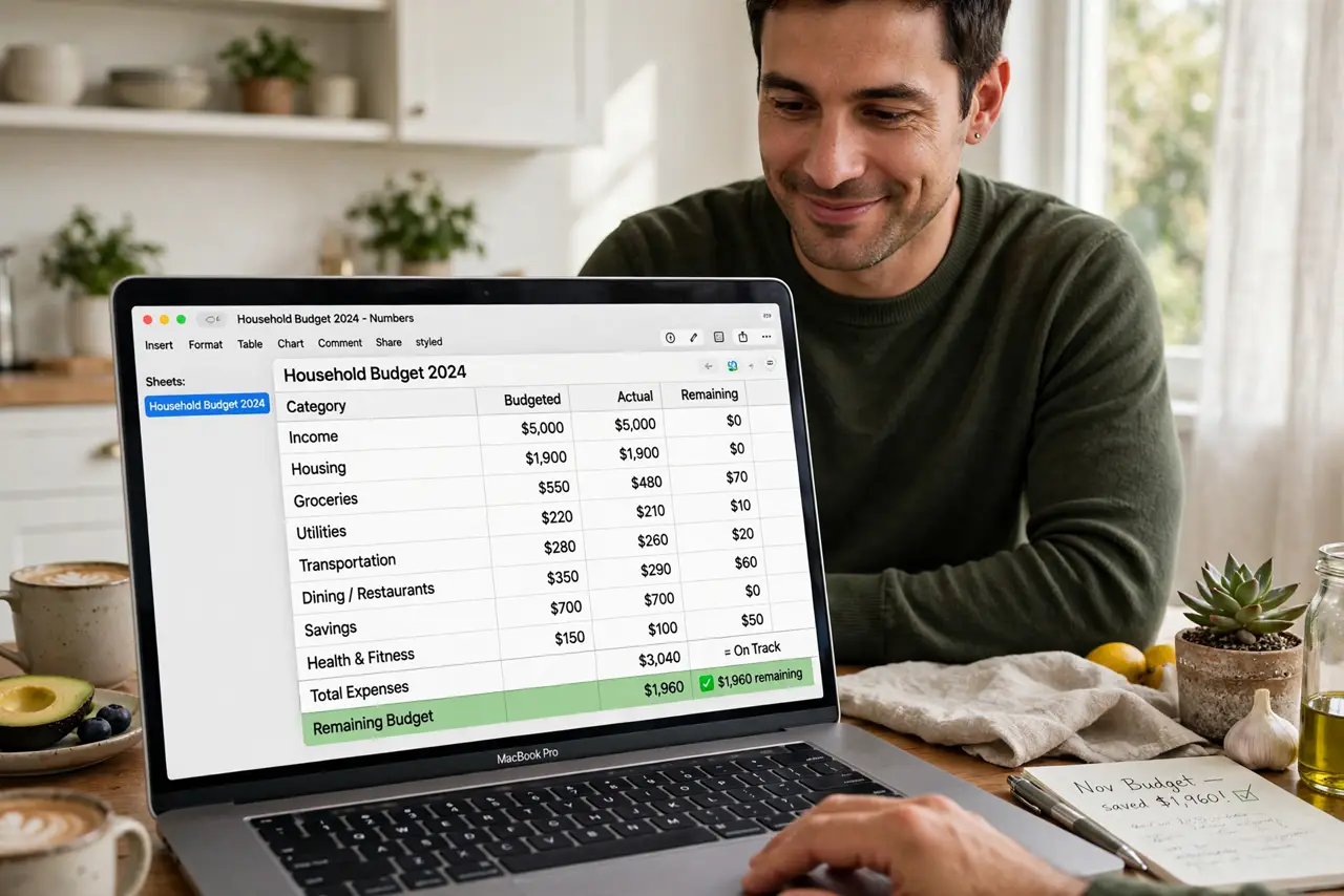 a person building a real household budget in Numbers on a Mac with a clean template and legible categories, the person's face relieved and proud, kitchen table.