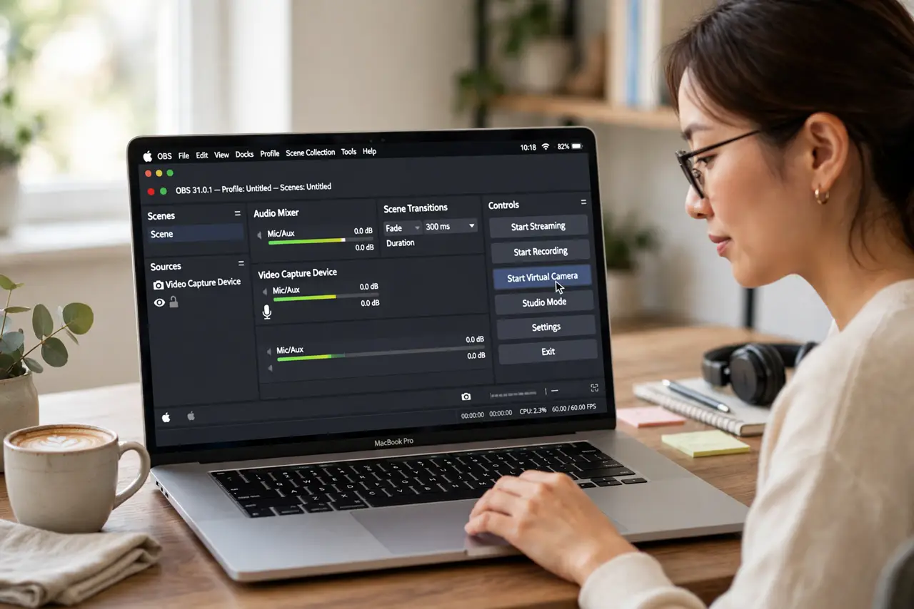 Photoreal photo of a person performing the first step: Start the virtual camera inside OBS first. Open OBS and click Start Virtual Camera in the Co...