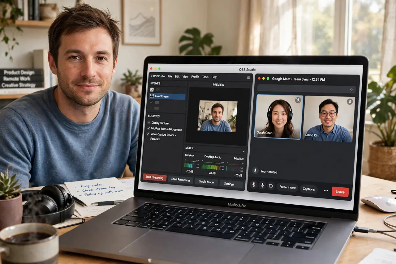 Photoreal photo: a person at a desk with a real Mac laptop showing a real OBS window next to a real video call window, the person looking toward the camera with a relaxed focused expression, home office. No black s...