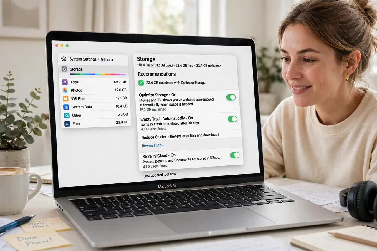 a person using a real Mac looking at the Storage settings with the Optimize recommendations visible and space reclaimed, the person's face relieved, bright desk. No black screen, n.
