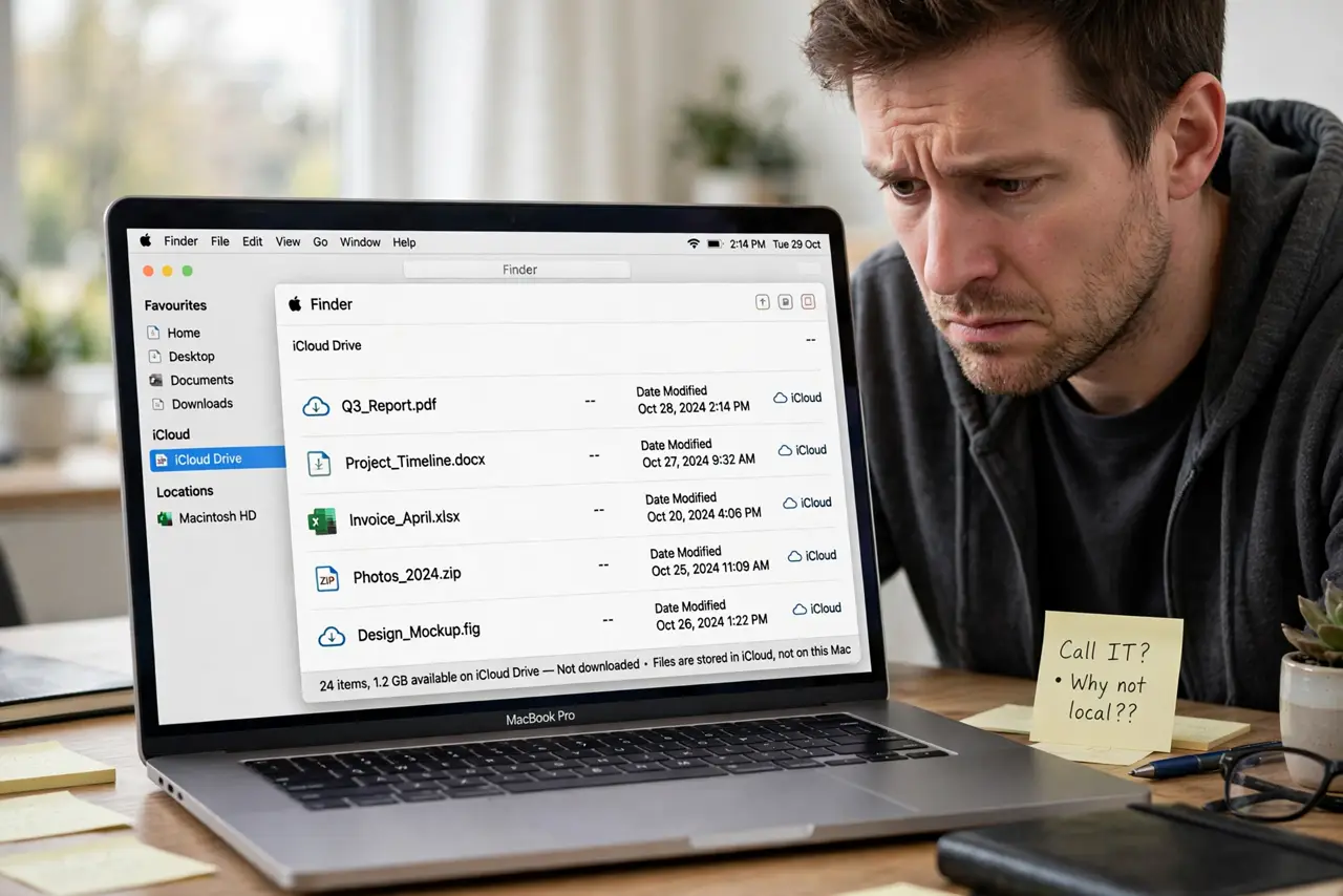 Optimize Storage Deleted Local Files — a worried adult looking at Finder showing files with cloud download icons and fully legible filenames, the per