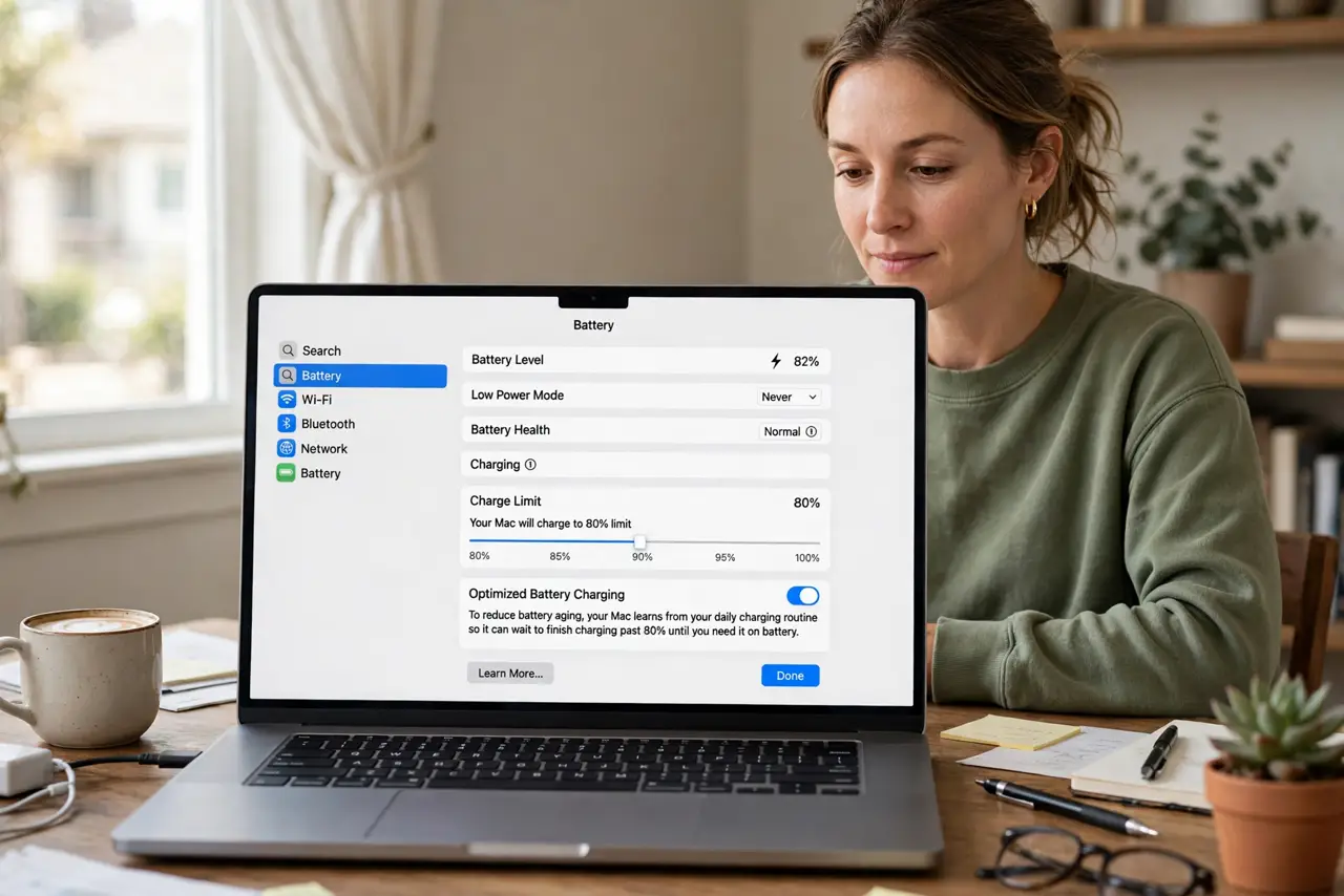 a person at a real MacBook on a desk, the screen showing the battery settings page with the 80 percent limit option legible, the charger connected, the person's face calm, home office.