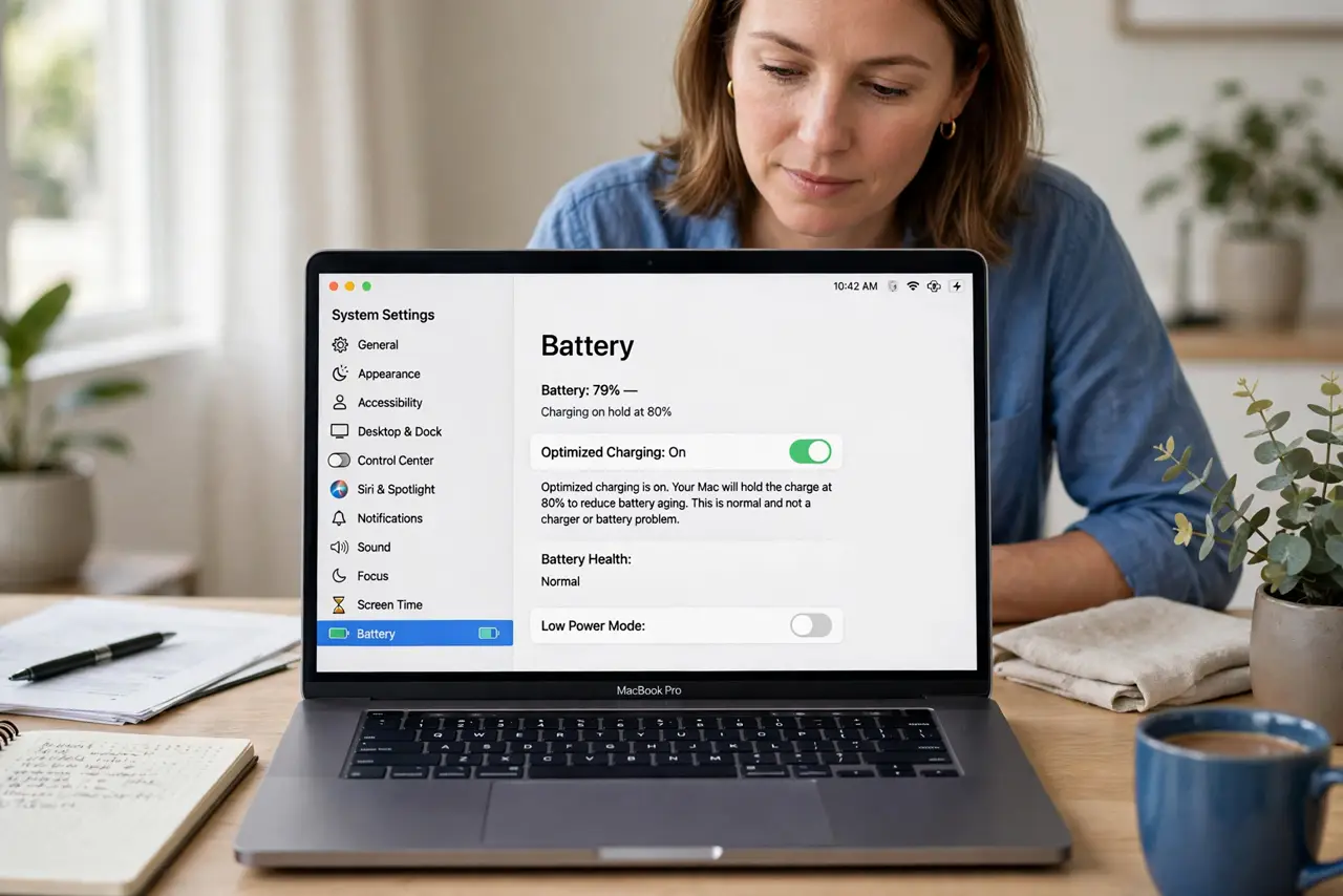 Optimized Charging Holds Your Mac at 80% — step 1 being performed on the device.