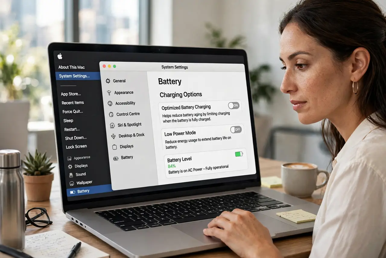 A person performing the first step: Open Battery settings. Click the Apple menu, choose System Settings, then Battery.