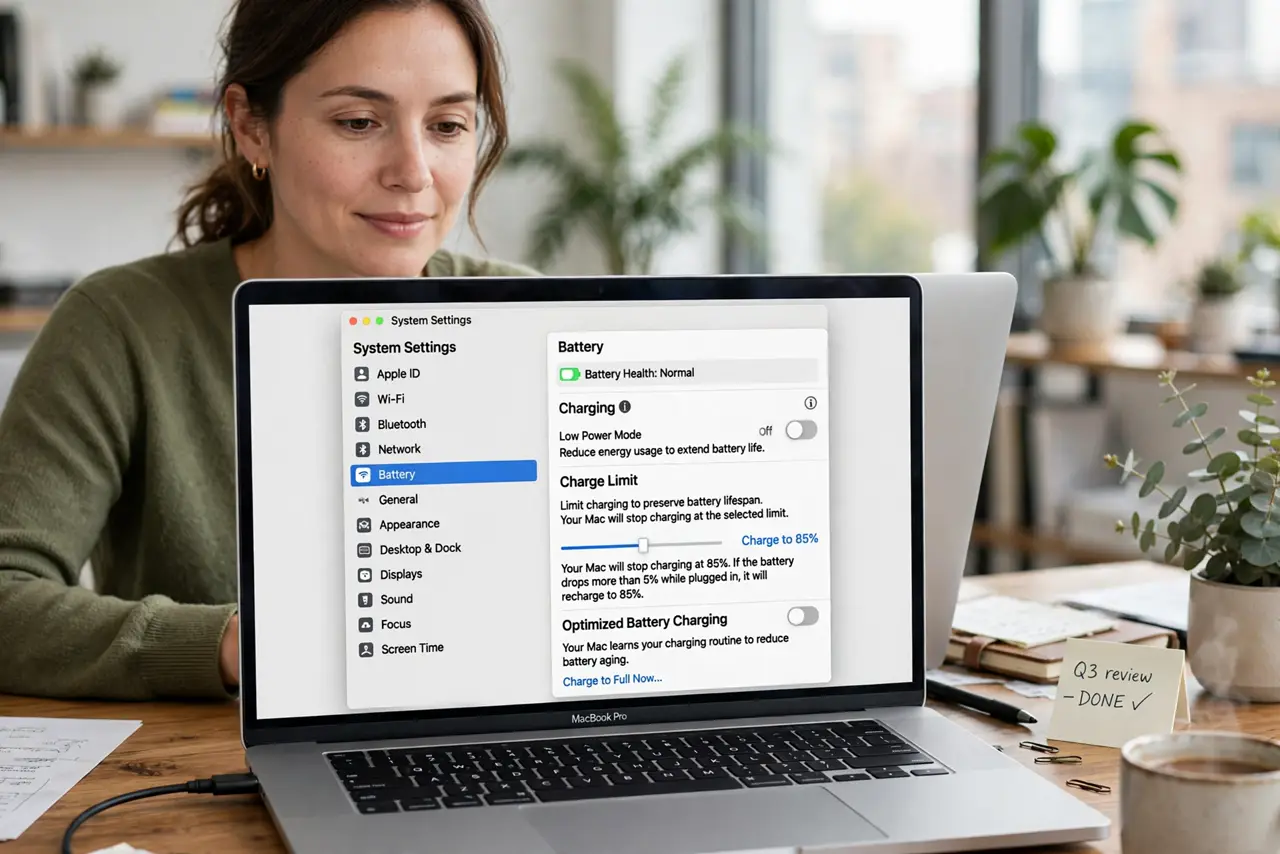A person working on a MacBook plugged into a charger at a desk, the laptop screen showing battery settings with a
