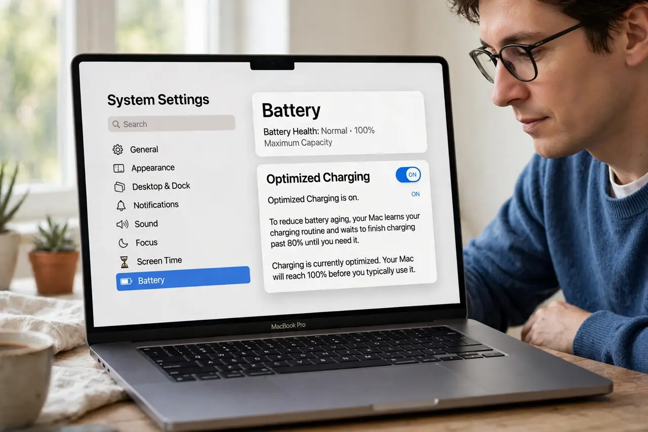 Step 1 in action for Mac Stuck at 80% Charge: Confirm it is Optimized Charging.