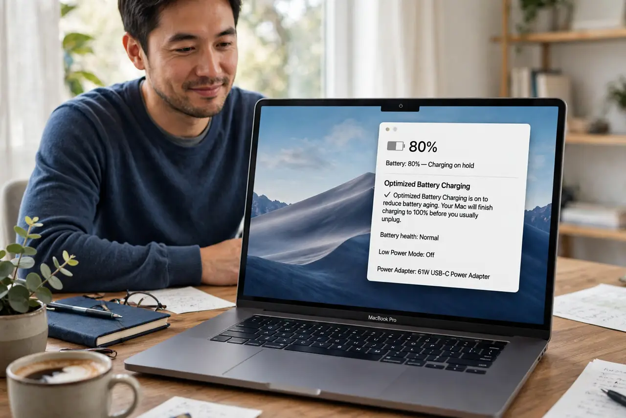 Mac Stuck at 80% Charge — a calm adult looking at a MacBook on a desk with the battery menu open showing 80 percent and a charging expla