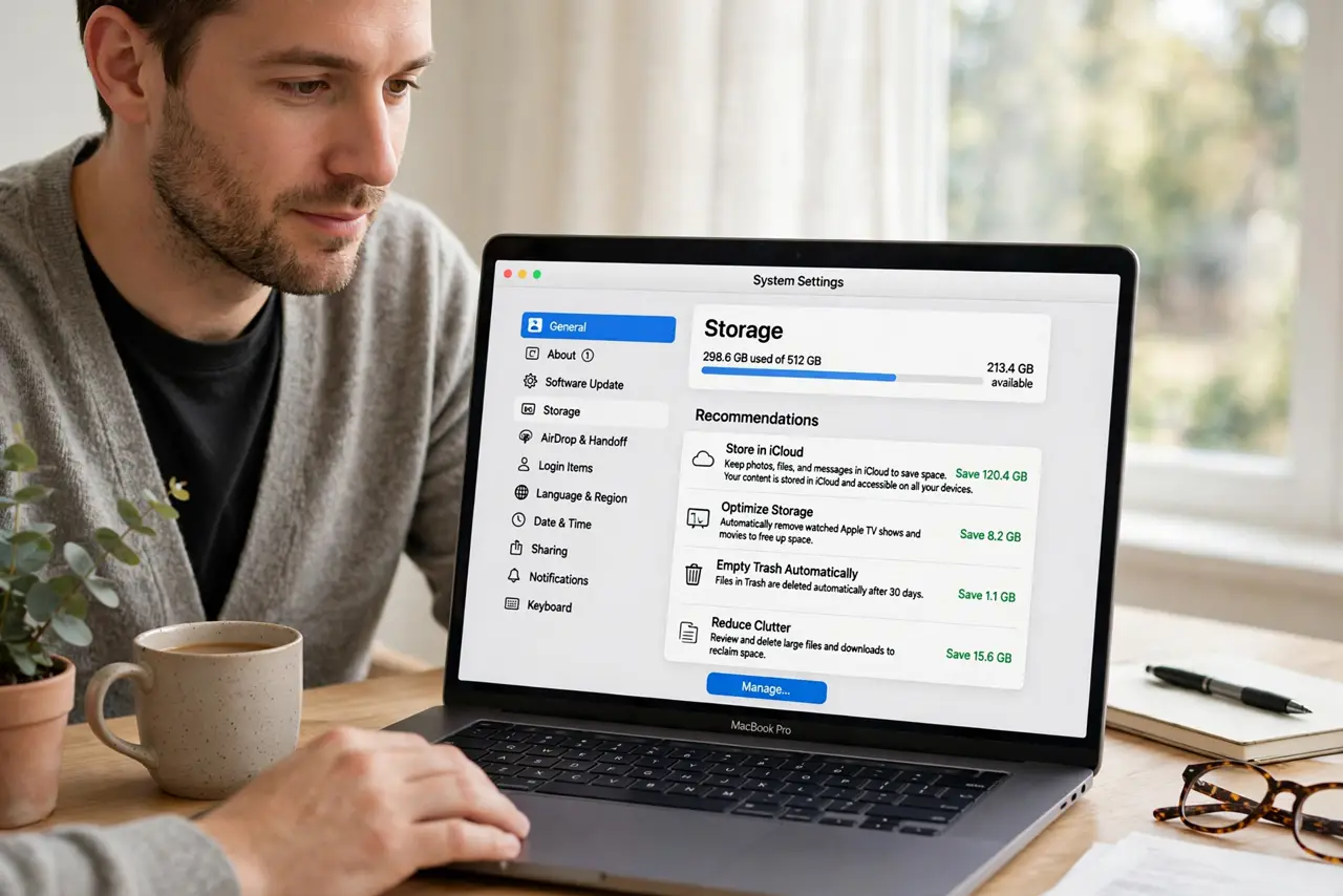 A person performing the first step: Open the Storage recommendations. System Settings > General > Storage. macOS lists.