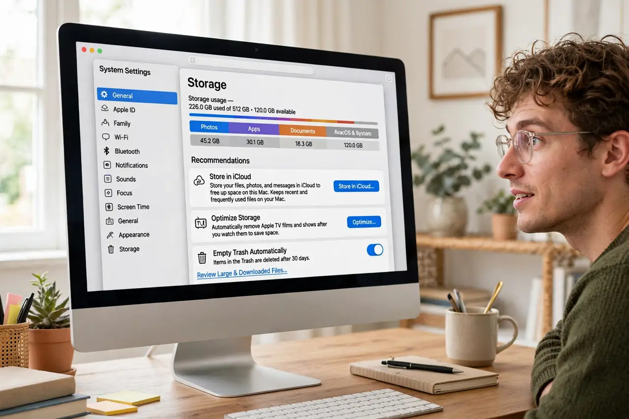 A person reviewing storage optimization options on a real Mac with legible recommendations on screen, the person's face
