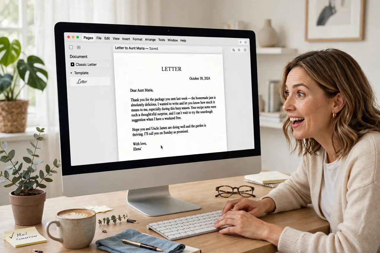 a person writing a real letter in Pages on a Mac with an elegant template and legible text, the person's face pleasantly surprised, bright desk.