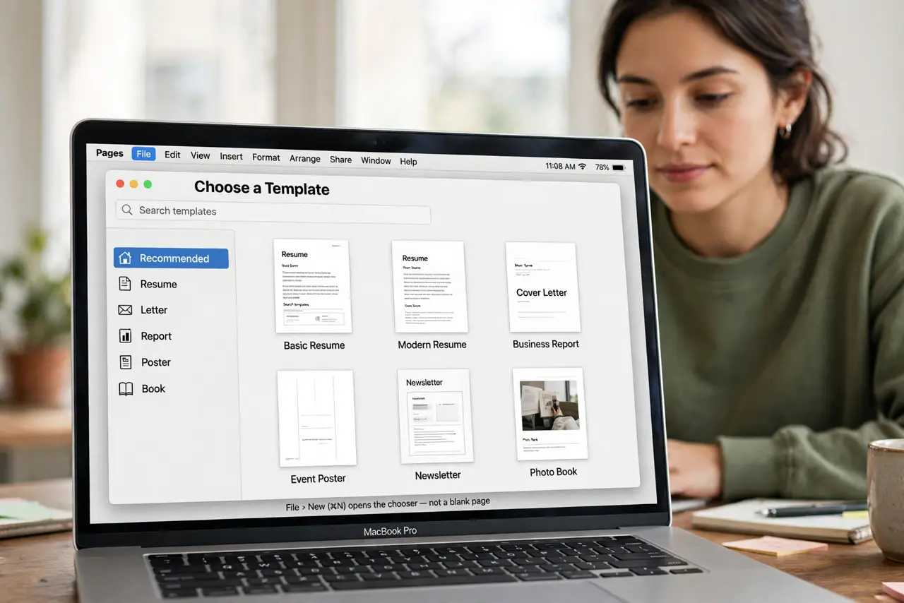A person performing the first step of the guide: Open the template chooser. File > New (or Command-N) opens the chooser, not a blank page. Browse categories.