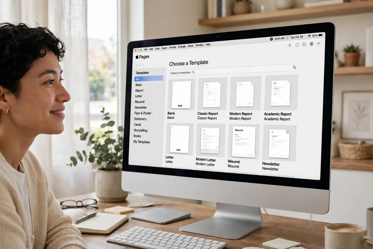 A person browsing the real Apple Pages template chooser on a Mac screen with legible template thumbnails, the person's face pleased, bright home.