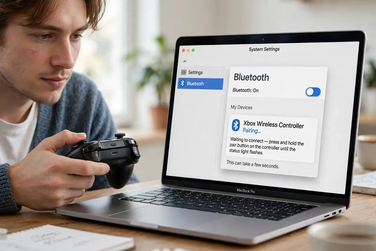A person calmly performing the guide's first step: Put the controller in pairing mode.
