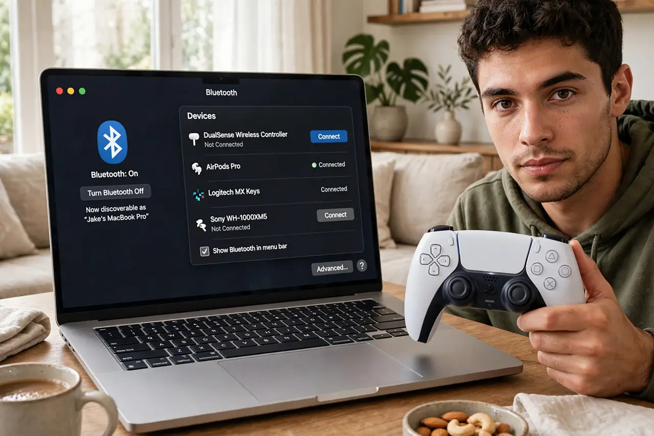 a person holding a real PS5 DualSense controller next to a real MacBook showing the Bluetooth settings with legible device list, the person's face focused, living room. No black sc.