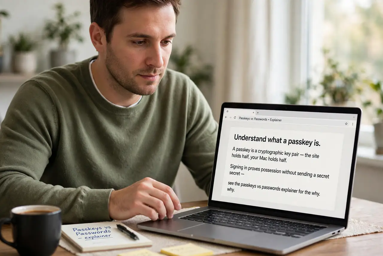 A person performing the first step of the guide: Understand what a passkey is.