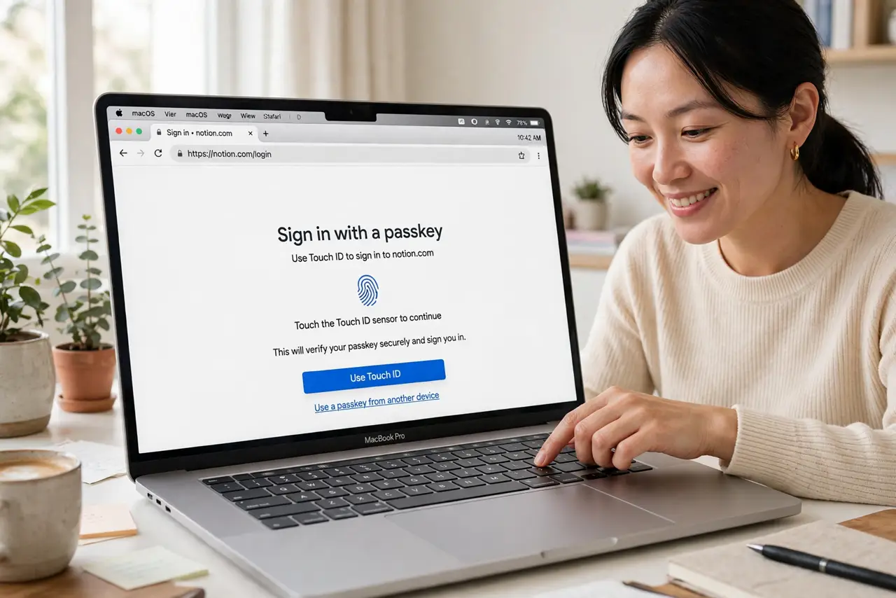 a person using a real MacBook with a website login page showing a passkey prompt with legible text, the person's finger on the Touch ID sensor, the person's face pleased, bright home office.