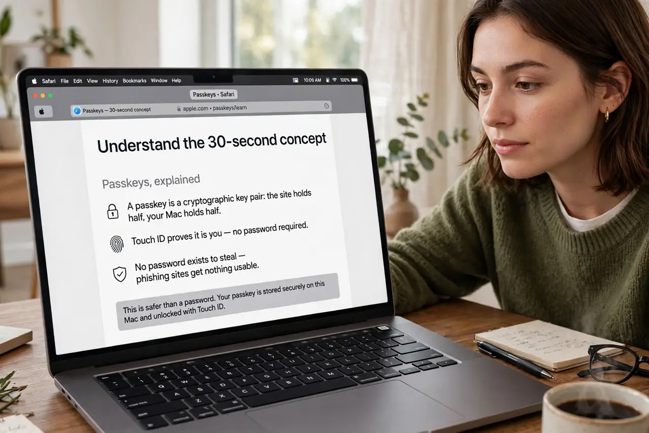 A person performing the first step of the guide: Understand the 30-second concept. A passkey is a cryptographic key pair: the site holds half, your Mac holds.