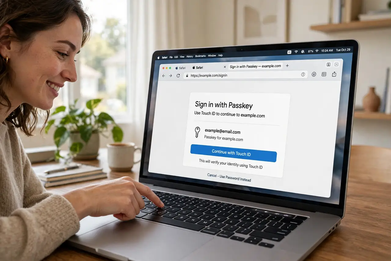 A person touching Touch ID on a real MacBook keyboard while a real Safari window shows a passkey sign-in prompt with legible text, the person's face.