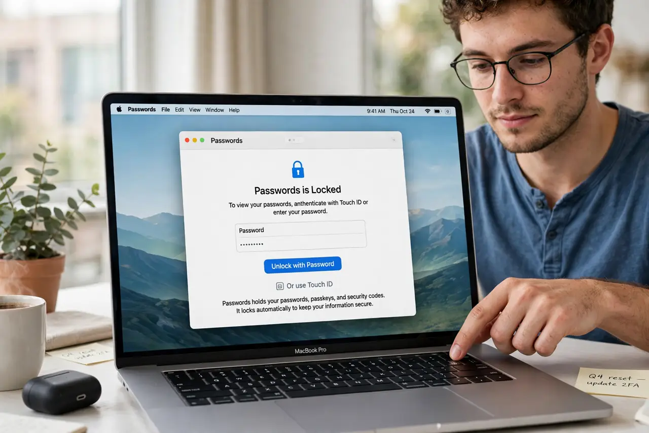 A person performing the first step of the guide: Open the Passwords app. Find Passwords in Applications or search Spotlight. Unlock it with Touch ID or your.