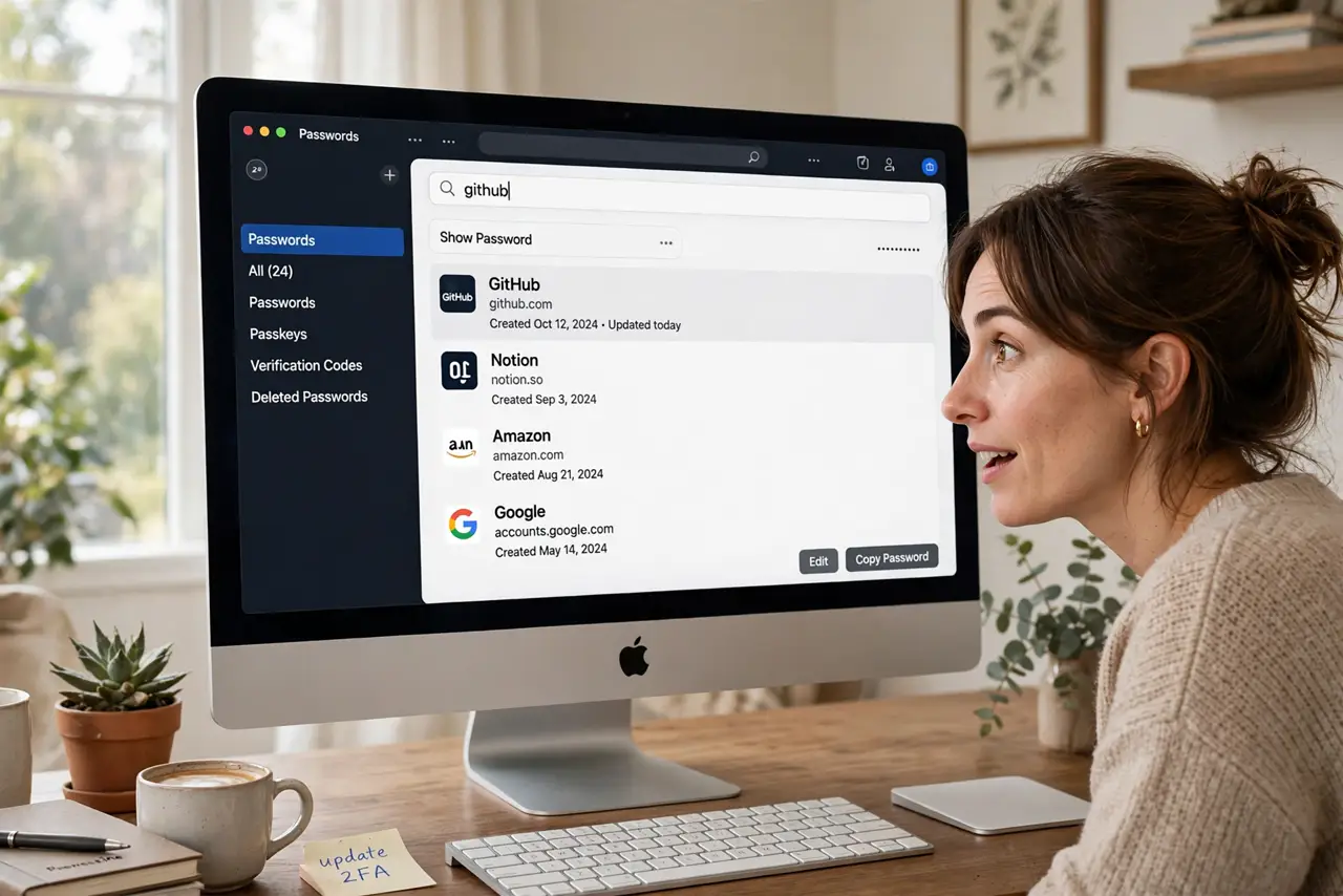 A person looking at a real Mac screen showing the Passwords app with a list of saved logins, search field legible, the person's face pleasantly.