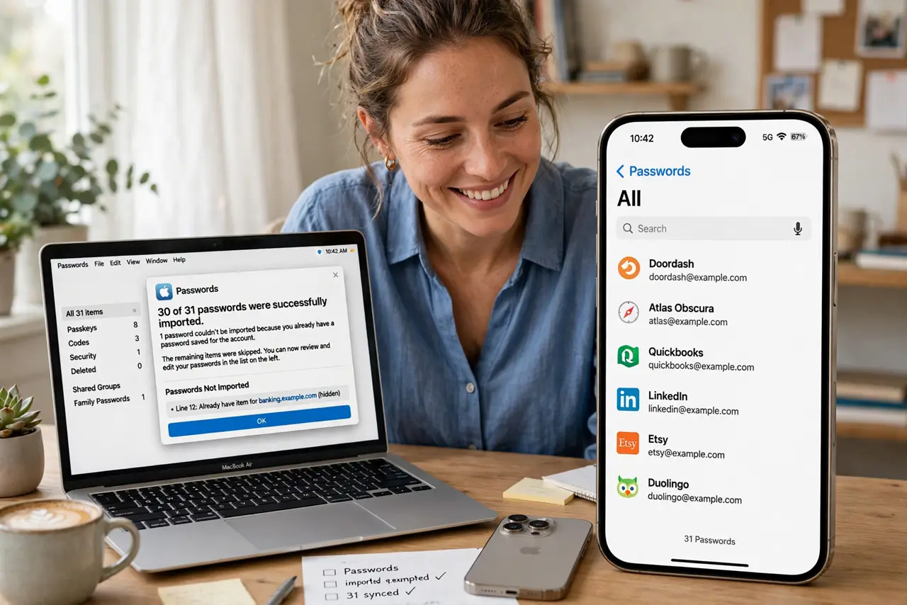 a person using a real MacBook with the Passwords app open showing an import dialog with legible text, a real iPhone beside it showing synced passwords, the person's face relieved, bright home office.