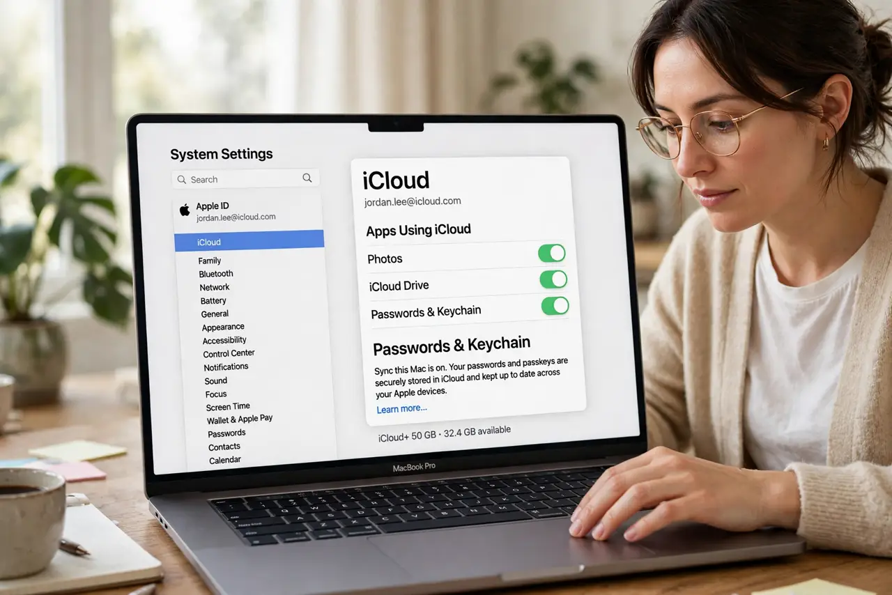 A person carrying out step one: turn on passwords sync on the mac.