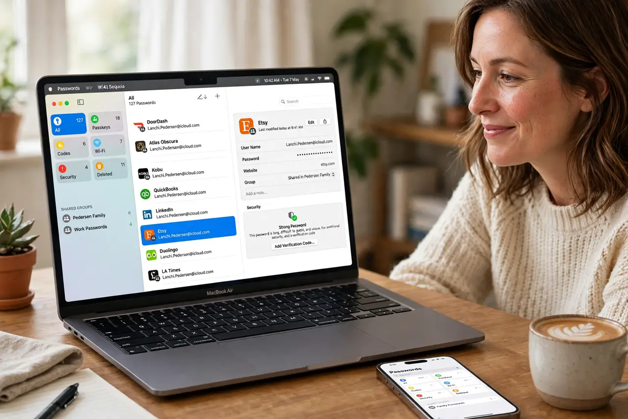 A woman looking at a MacBook showing the Passwords app with entries legible, an iPhone beside it showing the same, her face relieved, home office.