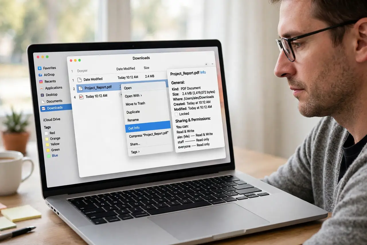 A person performing the first step: Open Get Info for a PDF.