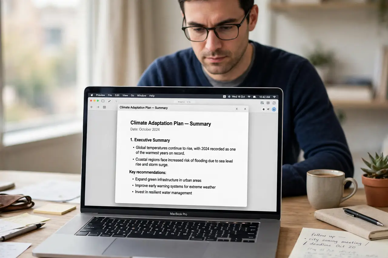 a focused adult at a desk with a real Mac laptop open, a PDF document visible on the real screen complete and legible, the person reading calmly.