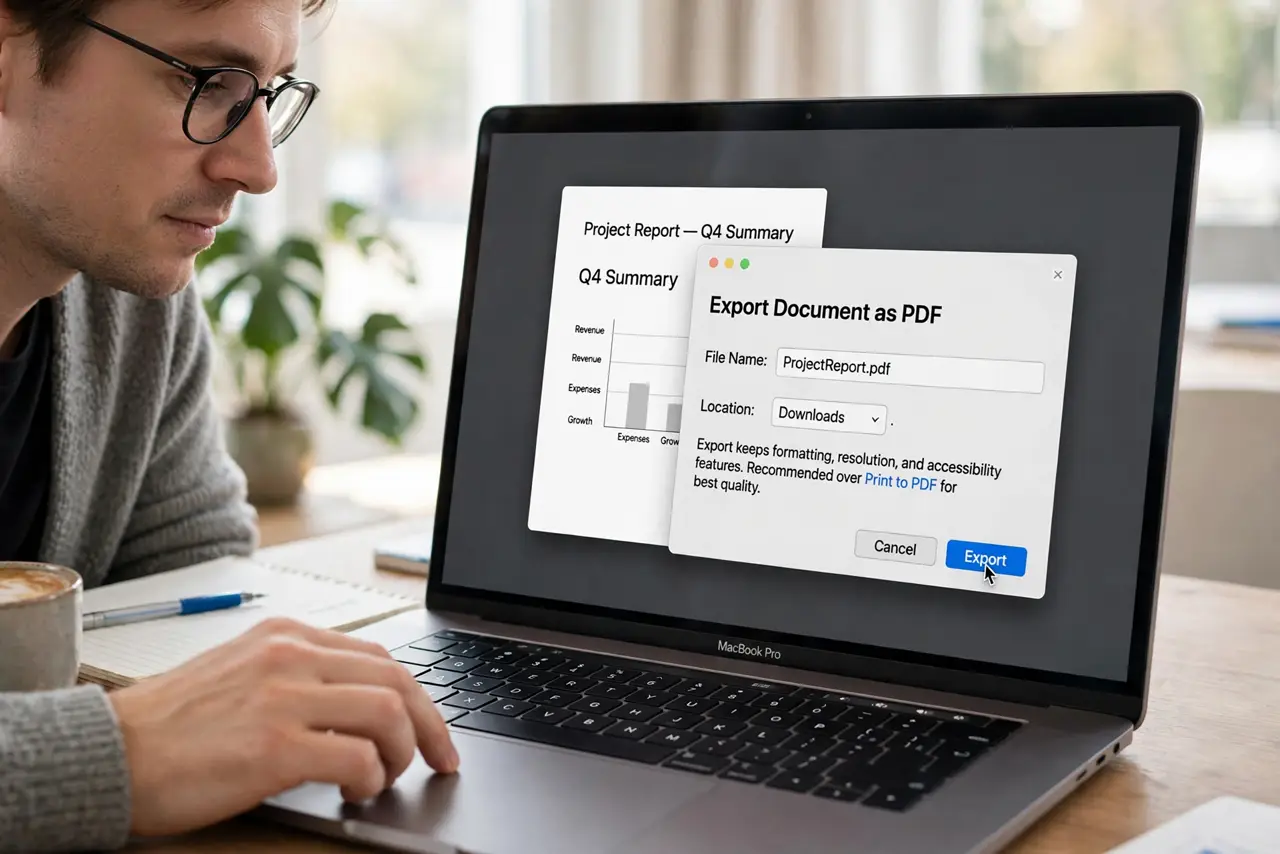 Step 1 in action for Print to PDF Makes Huge Files on Mac: Prefer Export over Print to PDF.