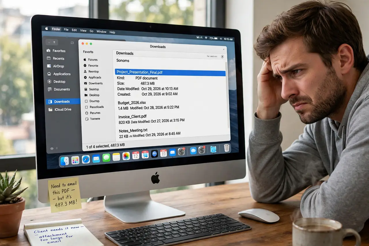 Print to PDF Makes Huge Files on Mac — a frustrated adult looking at a Finder window showing an enormous PDF file size with fully legible text, needi