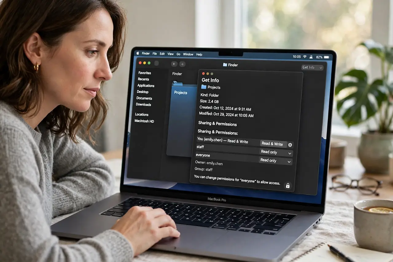 A person performing step 1 of the guide: Open Get Info on the folder. Select the folder in Finder and press Command + I. The Sharing & Permissions section at the bottom shows who...