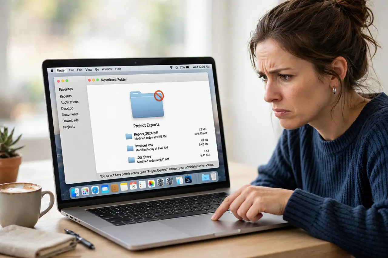 a frustrated adult looking at a real Mac Finder window showing a folder with a no-entry badge and fully legible text, the person clicking it.