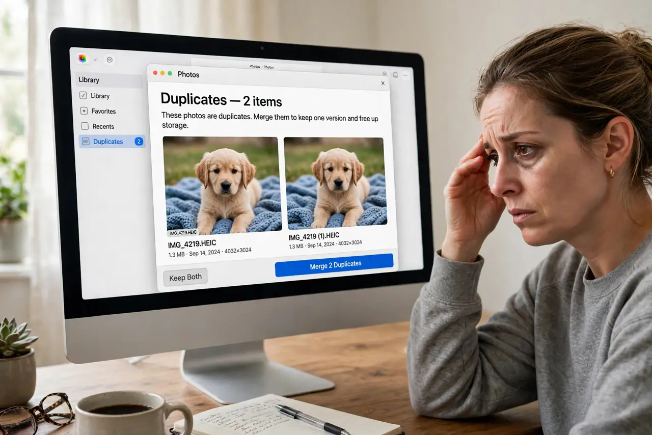 Photos Duplicated After Import on Mac — a tired adult looking at the Mac Photos app showing obvious duplicate photos side by side with fully legible i