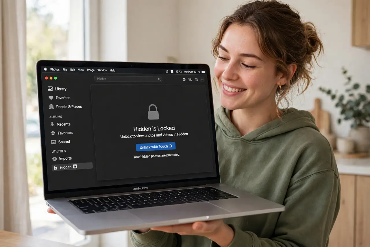a person holding a real MacBook showing the Photos app with a legible lock icon on the Hidden album, the person's face relieved, bright room.